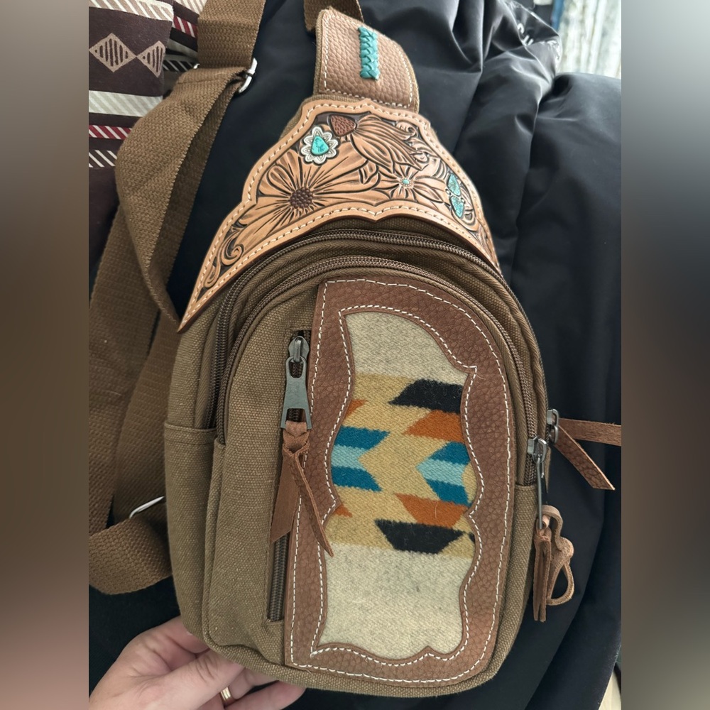 Sling bag western turquoise tool leather